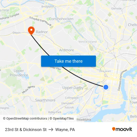23rd St & Dickinson St to Wayne, PA map
