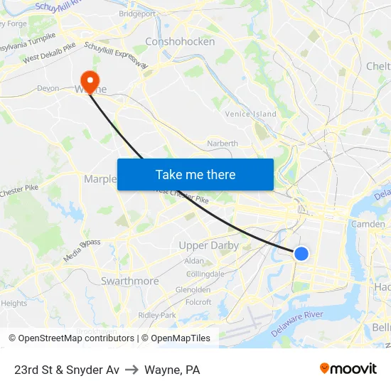 23rd St & Snyder Av to Wayne, PA map