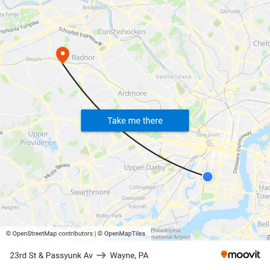 23rd St & Passyunk Av to Wayne, PA map