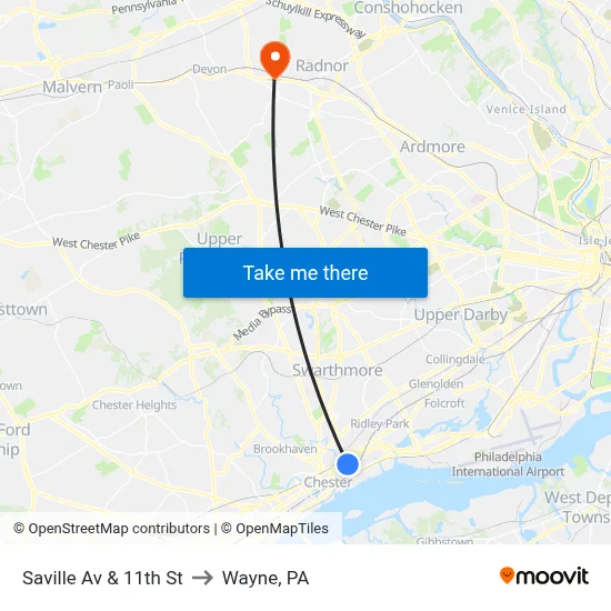 Saville Av & 11th St to Wayne, PA map