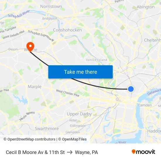 Cecil B Moore Av & 11th St to Wayne, PA map