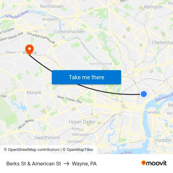 Berks St & American St to Wayne, PA map