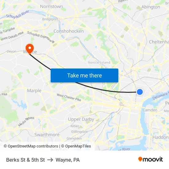 Berks St & 5th St to Wayne, PA map