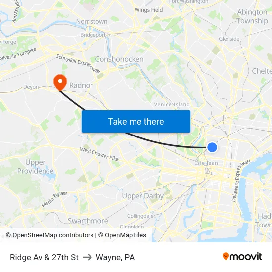 Ridge Av & 27th St to Wayne, PA map