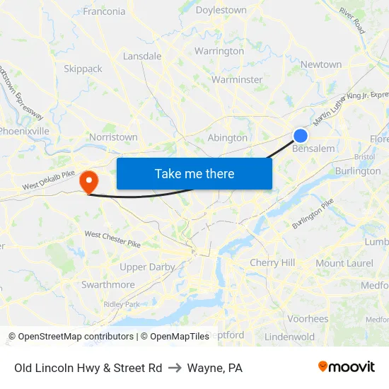 Old Lincoln Hwy & Street Rd to Wayne, PA map