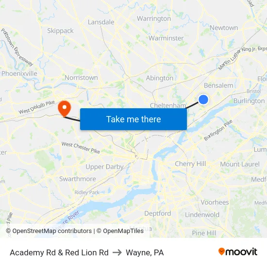 Academy Rd & Red Lion Rd to Wayne, PA map
