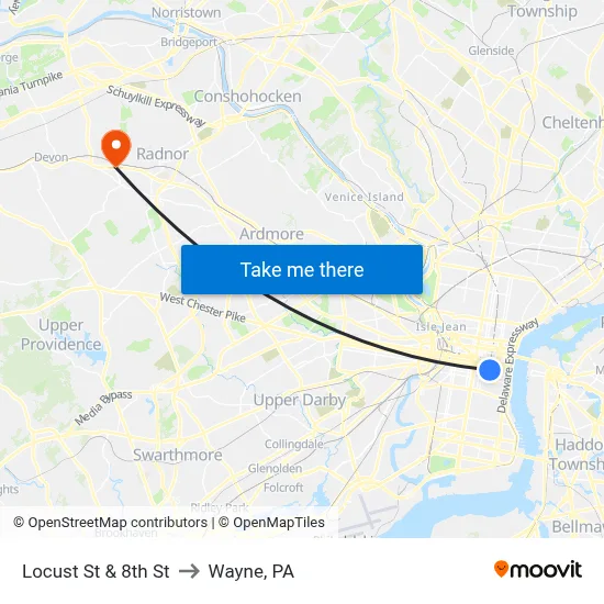 Locust St & 8th St to Wayne, PA map
