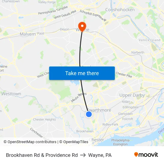 Brookhaven Rd & Providence Rd to Wayne, PA map
