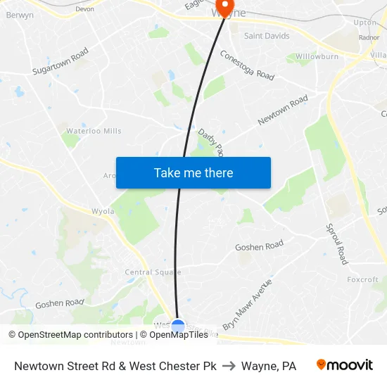 Newtown Street Rd & West Chester Pk to Wayne, PA map