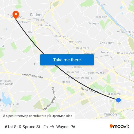 61st St & Spruce St - Fs to Wayne, PA map