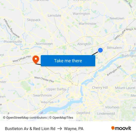 Bustleton Av & Red Lion Rd to Wayne, PA map