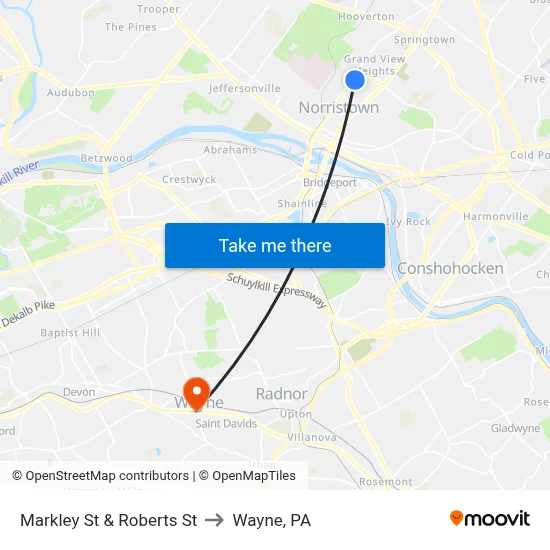 Markley St & Roberts St to Wayne, PA map