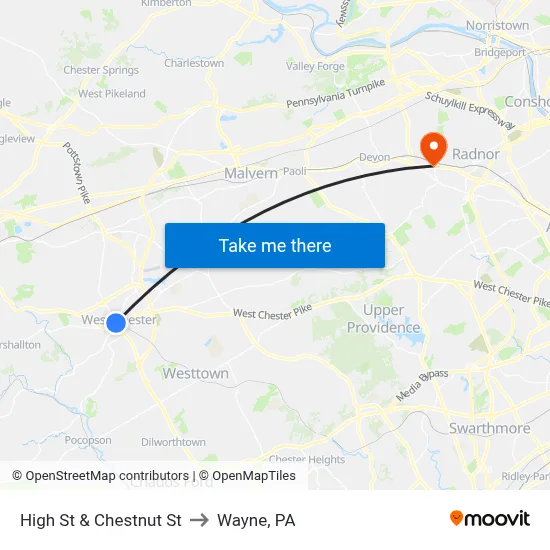 High St & Chestnut St to Wayne, PA map