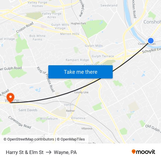 Harry St & Elm St to Wayne, PA map