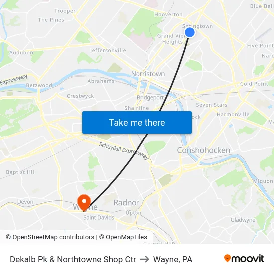 Dekalb Pk & Northtowne Shop Ctr to Wayne, PA map