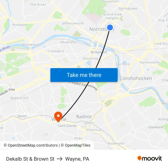 Dekalb St & Brown St to Wayne, PA map