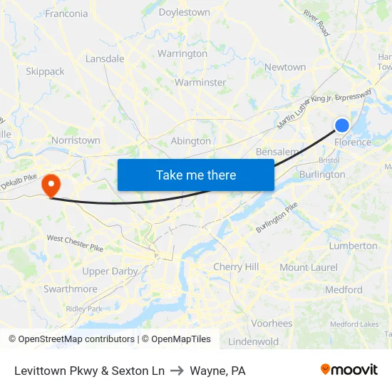 Levittown Pkwy & Sexton Ln to Wayne, PA map