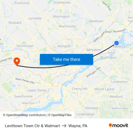Levittown Town Ctr & Walmart to Wayne, PA map