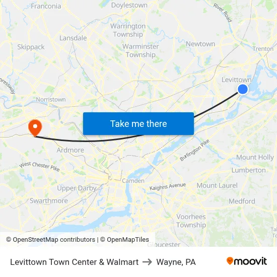 Levittown Town Center & Walmart to Wayne, PA map