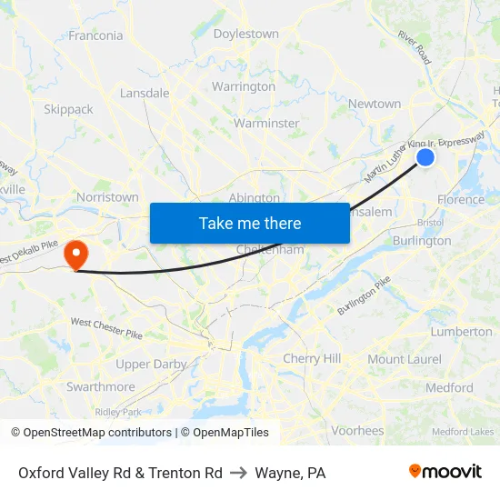 Oxford Valley Rd & Trenton Rd to Wayne, PA map