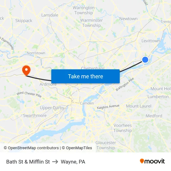 Bath St & Mifflin St to Wayne, PA map