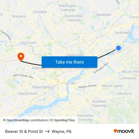 Beaver St & Pond St to Wayne, PA map