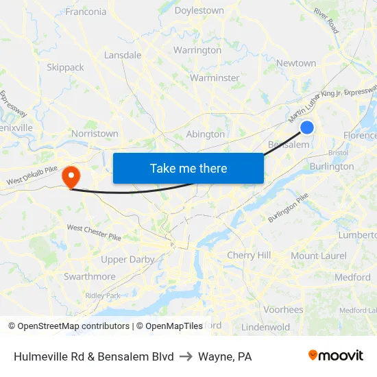 Hulmeville Rd & Bensalem Blvd to Wayne, PA map