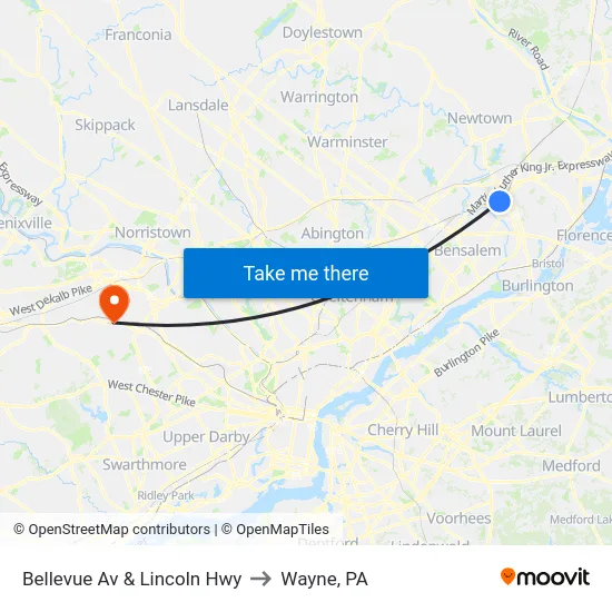 Bellevue Av & Lincoln Hwy to Wayne, PA map
