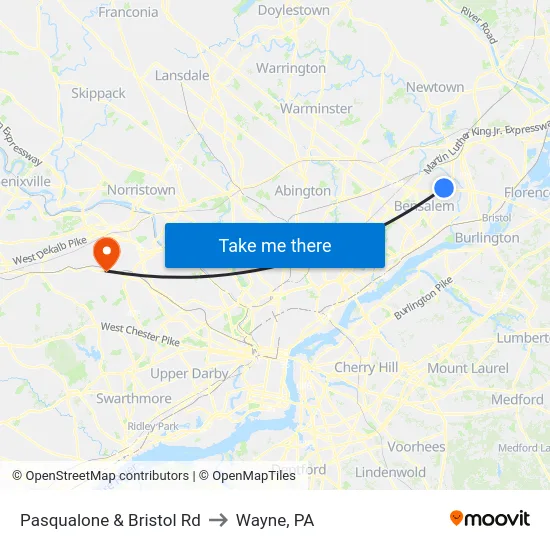 Pasqualone & Bristol Rd to Wayne, PA map