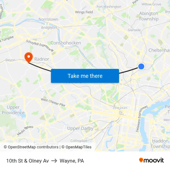 10th St & Olney Av to Wayne, PA map
