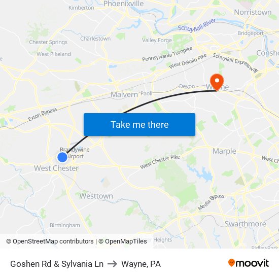 Goshen Rd & Sylvania Ln to Wayne, PA map