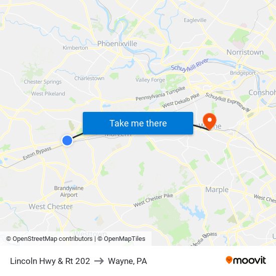 Lincoln Hwy & Rt 202 to Wayne, PA map