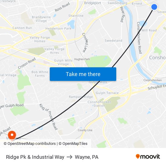 Ridge Pk & Industrial Way to Wayne, PA map