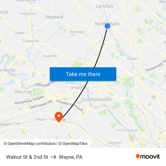 Walnut St & 2nd St to Wayne, PA map