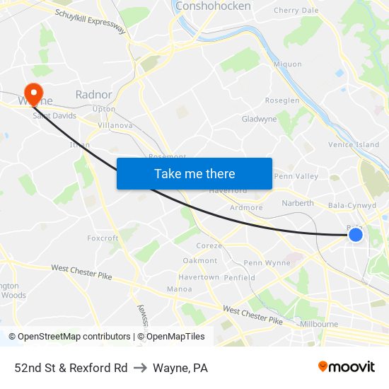 52nd St & Rexford Rd to Wayne, PA map