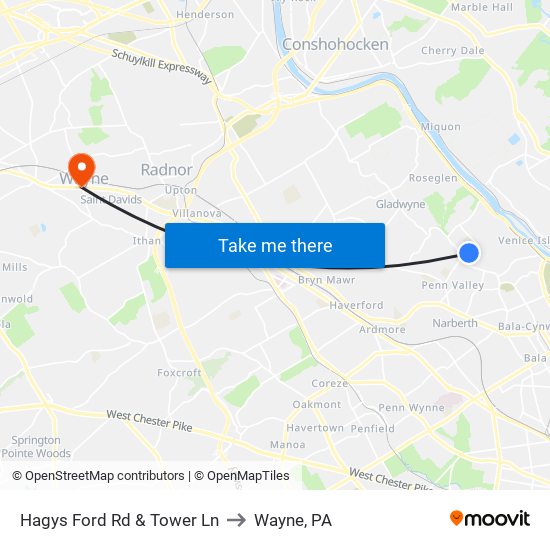 Hagys Ford Rd & Tower Ln to Wayne, PA map