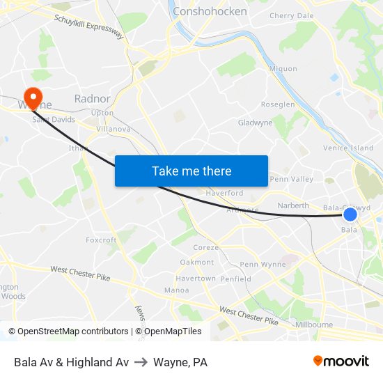Bala Av & Highland Av to Wayne, PA map