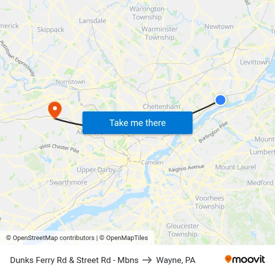 Dunks Ferry Rd & Street Rd - Mbns to Wayne, PA map