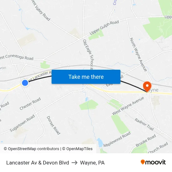 Lancaster Av & Devon Blvd to Wayne, PA map