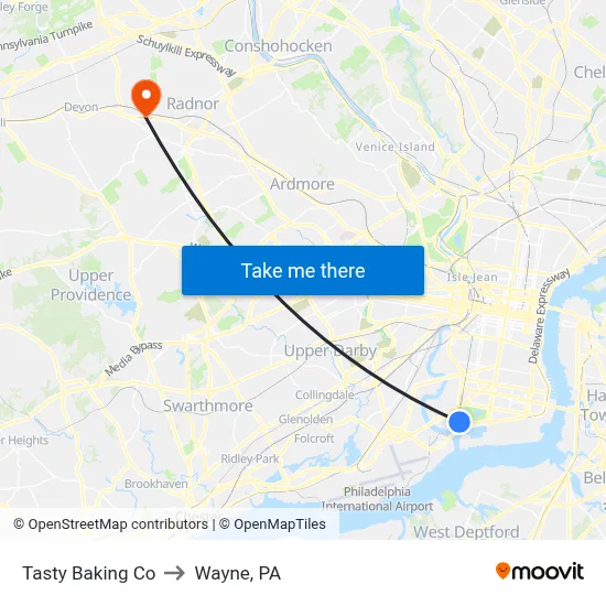 Tasty Baking Co to Wayne, PA map