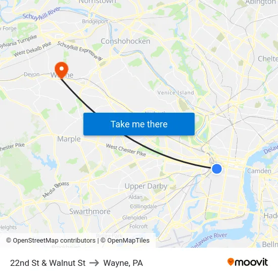 22nd St & Walnut St to Wayne, PA map