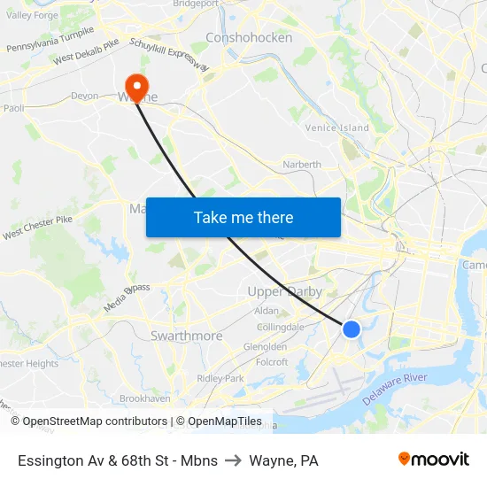 Essington Av & 68th St - Mbns to Wayne, PA map