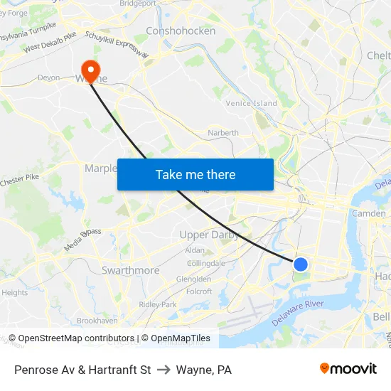 Penrose Av & Hartranft St to Wayne, PA map