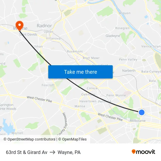 63rd St & Girard Av to Wayne, PA map