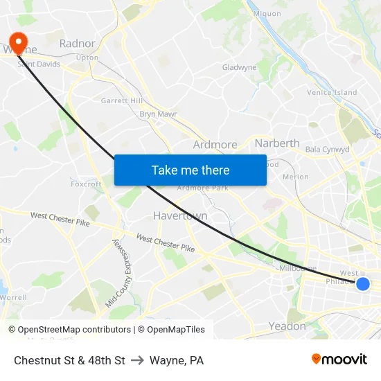 Chestnut St & 48th St to Wayne, PA map