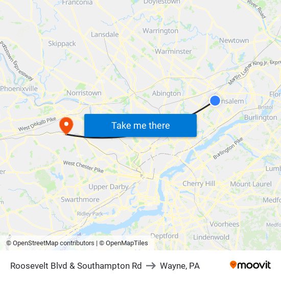 Roosevelt Blvd & Southampton Rd to Wayne, PA map