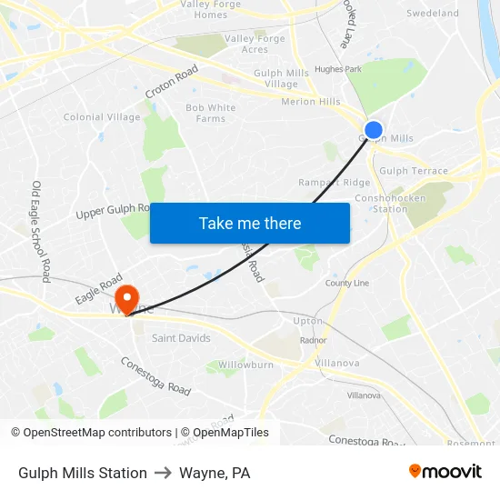 Gulph Mills Station to Wayne, PA map