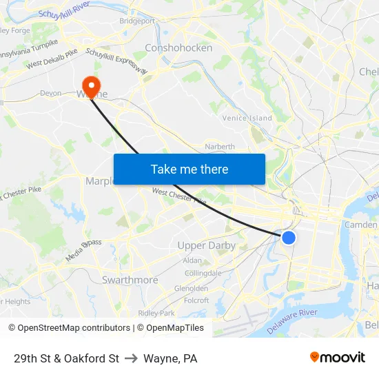 29th St & Oakford St to Wayne, PA map