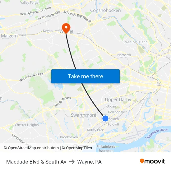 Macdade Blvd & South Av to Wayne, PA map