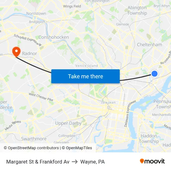 Margaret St & Frankford Av to Wayne, PA map